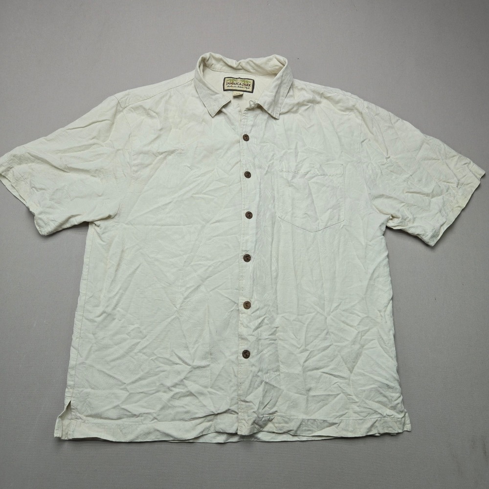 Jamaica Jaxx Silk Button Down Shirt Tropical Jacquard Cream Men L Short Sleeve